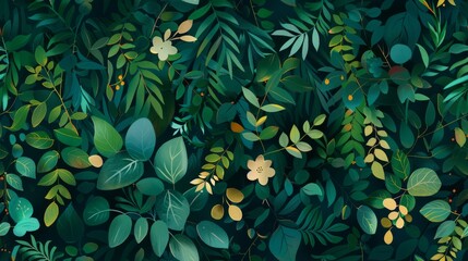 Wall Mural - This seamless pattern showcases lush green foliage and vibrant flowers, perfect for botanical and natureinspired projects, adding beauty and life to any design with its colorful and lively elements