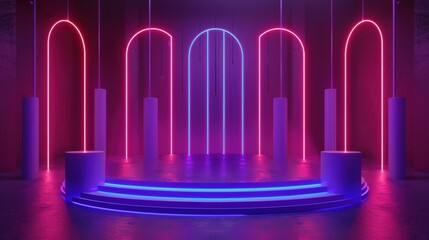 Poster - circular stage with neon lights and arches