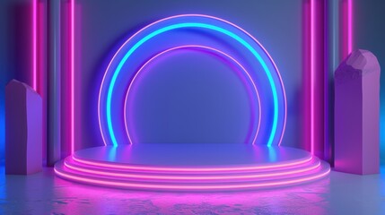 Poster - neon light circular stage with pink and blue accents