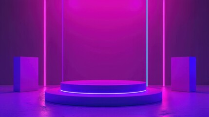 Poster - purple and blue neon light stage with platform and cubes