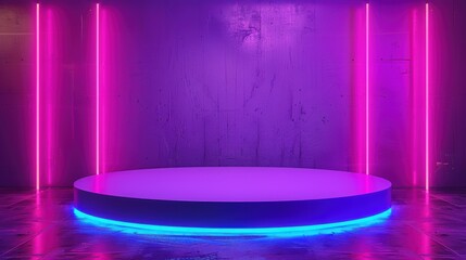 Wall Mural - Illuminated circular platform with pink neon lights in a modern studio