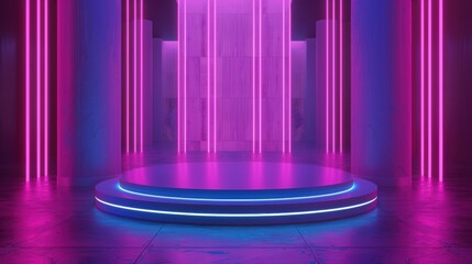 Poster - circular platform with neon lights in a modern room