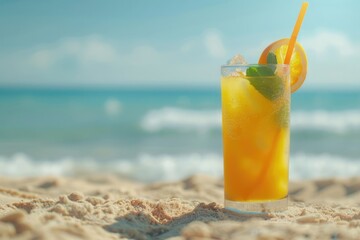 Exotic summer drink in sand  blur beach on background