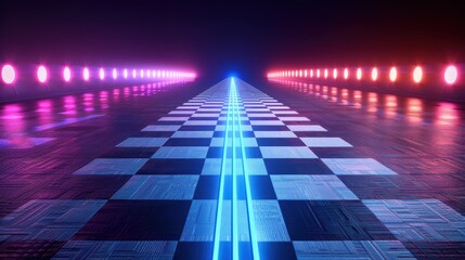Wall Mural - futuristic checkerboard road with neon lights and blue lines
