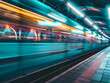 © ahmednadia - A fast moving train in a subway station with blue, yellow and pink lights, conveying a sense of speed, motion and urban life.