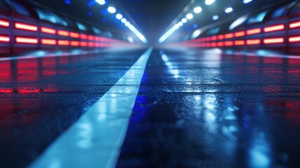 Wall Mural - Wet pavement with white line leading through a futuristic tunnel lit by red and blue lights