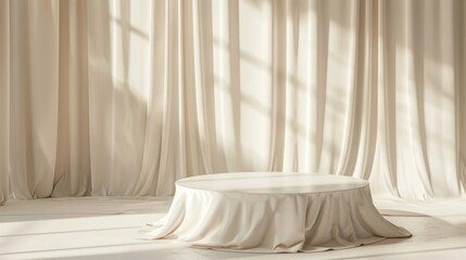 Wall Mural - white fabric draped round table in sunlight through sheer curtains