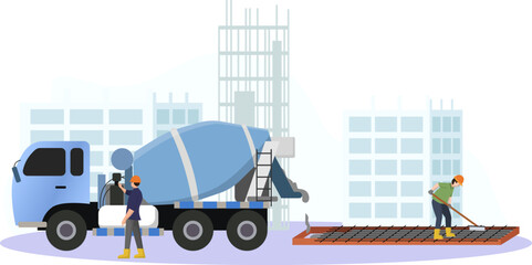 concrete mixer truck pours cement mixture into the area to be concreted, building and architecture, construction workers making concrete in the middle of city construction vector illustration