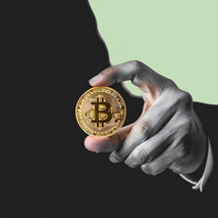 Wall Mural - Businessman hand holding bitcoin crypto currency minimal collage art