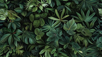 Wall Mural - This seamless pattern features a lush assortment of green foliage, including ferns, leaves, and small yellow flowers, set against a dark background. Perfect for nature-inspired designs.