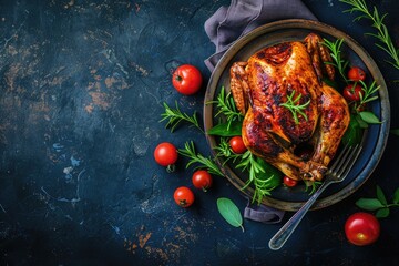 Roasted turkey and vegetables on rustic background for Thanksgiving.