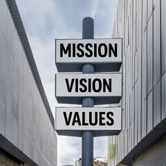 Wall Mural - MISSION, VISION, VALUES signpost in the city