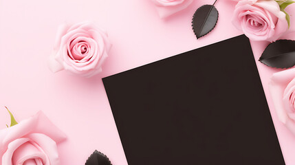 Pink roses and black leaves on a pink background with a black card for elegant Valentine's Day and wedding invitations. 
