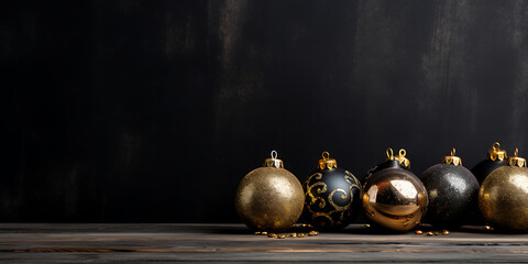 Elegant black and gold Christmas baubles on rustic wood, perfect for holiday branding and festive design. 
