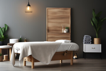 Relaxing spa interior with wooden accents, white linens and a calming grey and green color scheme, perfect for promoting wellness and tranquility. 
