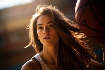 Wall Mural - A woman with long hair is standing in front of a basketball