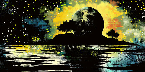 Silhouetted island, trees, and moon in a night sky with blue, yellow, and black colors, evoking a sense of mystery and tranquility, perfect for a peaceful and dreamy mood. 
