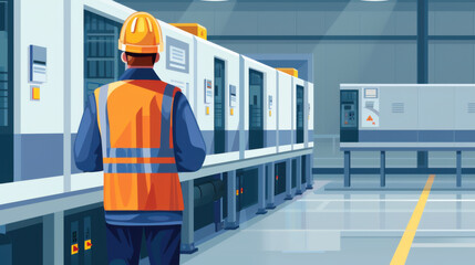 Wall Mural - Back view of an engineer in a hard hat and safety vest monitoring industrial machinery in a factory setting.