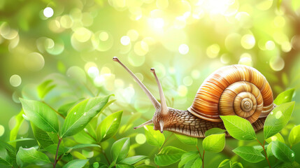 Close-up of a snail on vibrant green leaves, bathed in warm sunlight with a bokeh background.