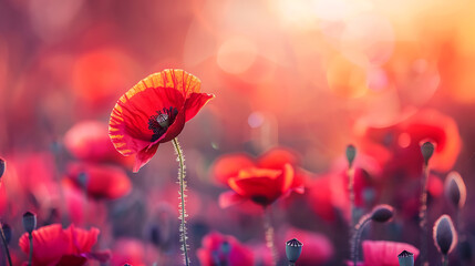 Wall Mural - a field of vibrant red poppies, with one flower in the foreground capturing the viewer’s attention