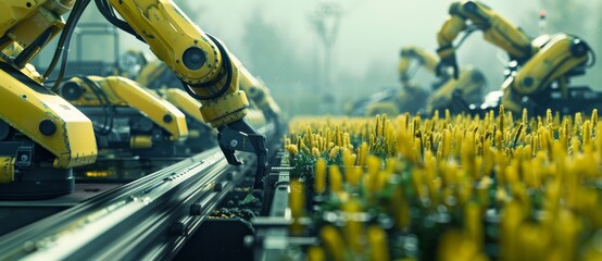 Wall Mural - Featuring an automated production line with robotic arms, emphasizing the technology of modern manufacturing