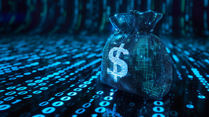 a digital representation of a money bag adorned with a dollar sign. It’s set against a backdrop resembling a field of binary code in varying shades of blue