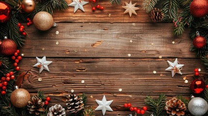 Wall Mural - Text space available on a wooden backdrop with holiday decorations