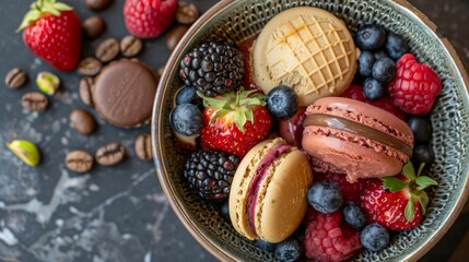 Wall Mural - gourmet treat for the summer! Enjoy handcrafted ice cream presented in bowls with a stunning view, loaded with fresh berries, macaroons, coffee beans, pistachios, and chocolate.