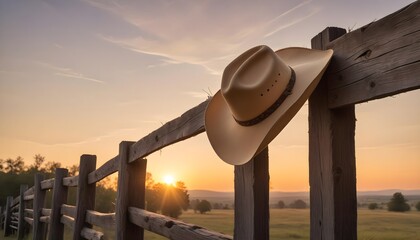 Wall Mural - A cowboy hat hanging on an old wooden fence, copy space for text, dramatic sunset colors painting the sky with warm hues