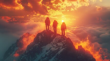 Sunrise watercolor painting of a group of people standing on a mountain peak