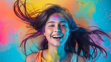 Wall Mural - Energetic studio portraiture of female.Colorful backgrounds and different professions.