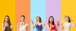 © Pixel-Shot - Set of beautiful women drinking lemonade on color background