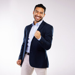 Poster - Portrait, happy and businessman with fist pump in studio for achievement, celebration or project goal on white background. Winner, success and employee for profit, financial growth or opportunity