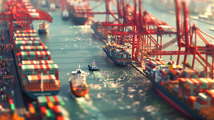 Wall Mural - a bustling commercial shipping port. Multiple large container ships are being loaded or unloaded with colorful shipping containers