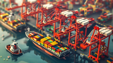 Wall Mural - a bustling commercial shipping port. Multiple large container ships are being loaded or unloaded with colorful shipping containers