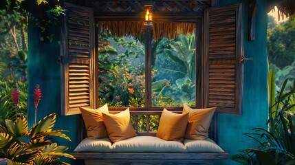 Wall Mural - the tranquility of a wooden house window view, where the flickering flames and plush pillows create a peaceful sanctuary within the vibrant jungle landscape.