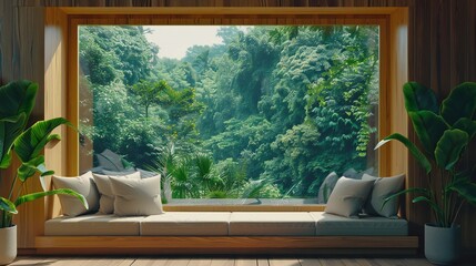 Wall Mural - the tranquility of a wooden house window view, where the flickering flames and plush pillows create a peaceful sanctuary within the vibrant jungle landscape.