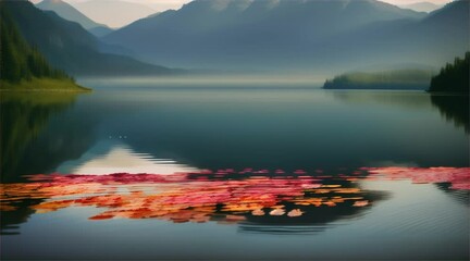 Wall Mural - Flower petals floating on the still surface of a mountain lake, surrounded by lush greenery