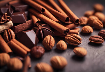 Cinnamon sticks, nuts and chocolate