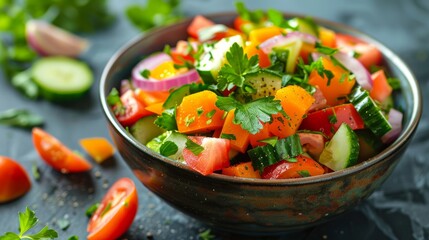 Poster - healthy salad recipe, enjoy a healthy bowl of fresh vegetable salad with a light vinaigrette dressing, perfect for a light meal or as a side dish