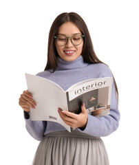 Poster - Young Asian woman in eyeglasses with interior design magazine on white background