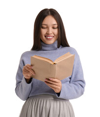 Canvas Print - Young Asian woman reading book on white background