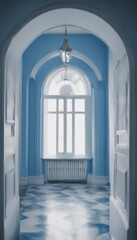 Wall Mural - A blue and white room with a blue archway and a white archway