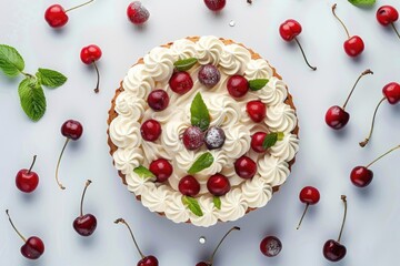 Wall Mural - A sweet treat featuring a cake with cream frosting and cherries on top