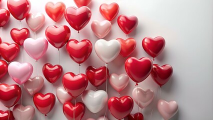 Valentine's day background with red and pink hearts like balloons on white background, flat lay, clipping path. PNG