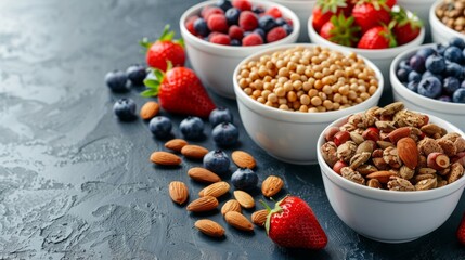 Poster - assorted cereal bowls topped with strawberries, blueberries, and almonds on breakfast table promoting healthy eating with room for text