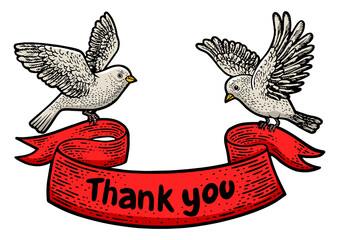 Wall Mural - birds carry thank you banner ribbon color sketch engraving PNG illustration. T-shirt apparel print design. Scratch board imitation. Black and white hand drawn image.