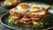 © we3_food - Delicious Breakfast Sandwich with Fried Eggs, Sausage, and Greens