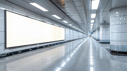 A long, empty corridor of an urban transit station with white-tiled walls and bright overhead lighting. A large, blank billboard is mounted on the left side.