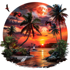 Sticker - Tropical Sunset, Vibrant sunset with palm trees and birds, Paradise Scene on a transparent background.